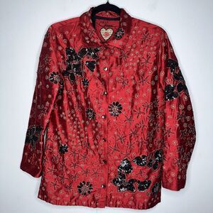 Chico’s Women’s Anniversary Collection 100% Silk Beaded Jacket Red Size 0 S